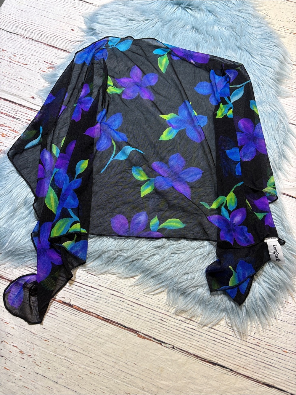 Vintage Longitude Lightweight Black Sheer Floral Scarf with Blue & Purple Blooms